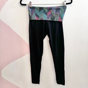 Victorias Secret PINK Black Logo Fold Over Leggings Y2K 2000s‎ Stretch Yoga XS